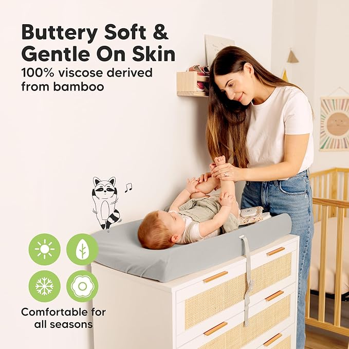 2-Pack Baby Changing Pad Cover for Girl, Boy - 32x16 Soft Viscose Derived from Bamboo Baby Diaper Changing Table Pad Cover Sheets, Neutral, Snug Fit Nursery Diaper Change Sheets (Steel)