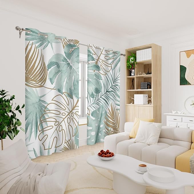 Renaiss Tropical Leaf Blackout Curtains, Green Palm Monstera Leaf Thermal Insulated Bedroom Window Curtains, Botanical Plants Window Curtains for Kitchen, 45" L x 29" W 2 Panel Set