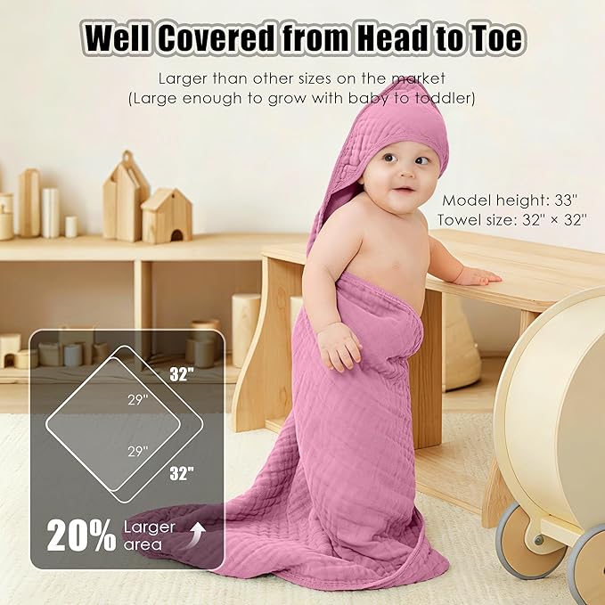 Sunny zzzZZ Muslin Hooded Baby Bath Towels - 3 Pack 100% Cotton Soft Low-Saturation Pastel Towels Including Classic White for Newborns, Infants, Toddlers - 32x32 Inch - Deep Sakura and White