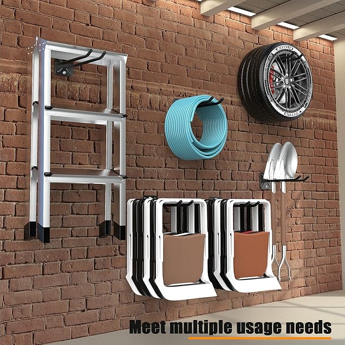 Garage Hooks, Heavy Duty Garage Hooks -12.4 Inch Wall Mount Hangers for Chairs, Power Tools, Garden Tools, Tires & More - Max 120 lbs (4-Pack)