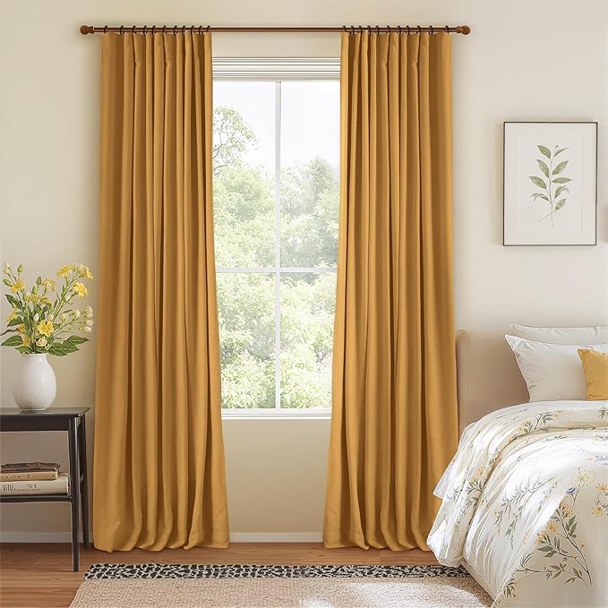 INOVADAY 100% Blackout Curtains for Bedroom, Black Out Curtains 84 Inch Long, Clip Rings Linen Blackout Drapes, Thermal Insulated Room Darkening for Living Room, 2 Panels - Mustard Yellow,W50xL84