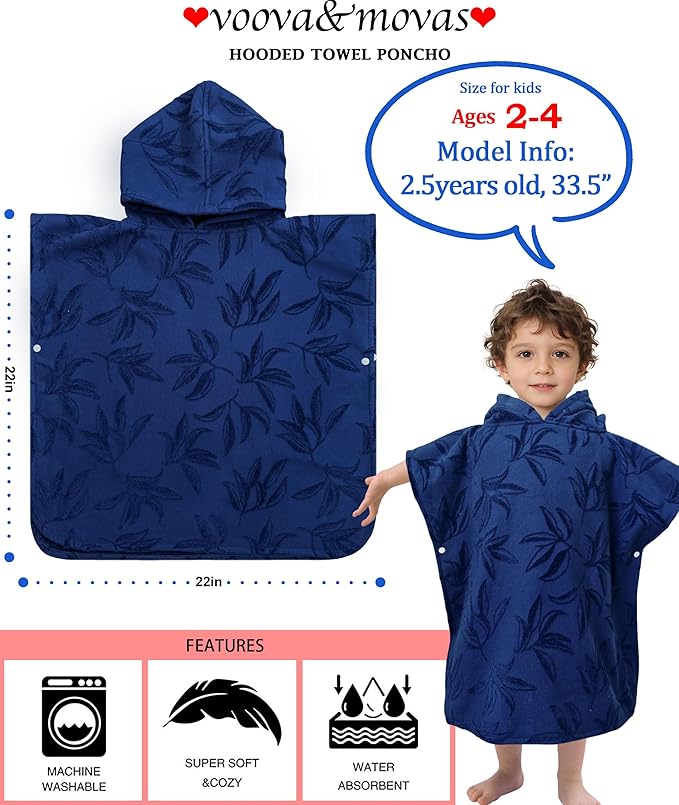Toddler Bath Towels with Hood, Oversized (2-4Years,22"X22") Made from 100% Soft Cotton,Absorbent Hooded Poncho Towel for Baby Boy,Perfect for Pool | Swimming | Bath | Beach,Jacquard Blue Orchid