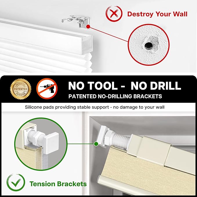 LazBlinds Cordless Cellular Shades, No Tools No Drill Blackout Honeycomb Shades Pleated Blinds for Windows, 42.5'' W x 72'' H, Soft Cream