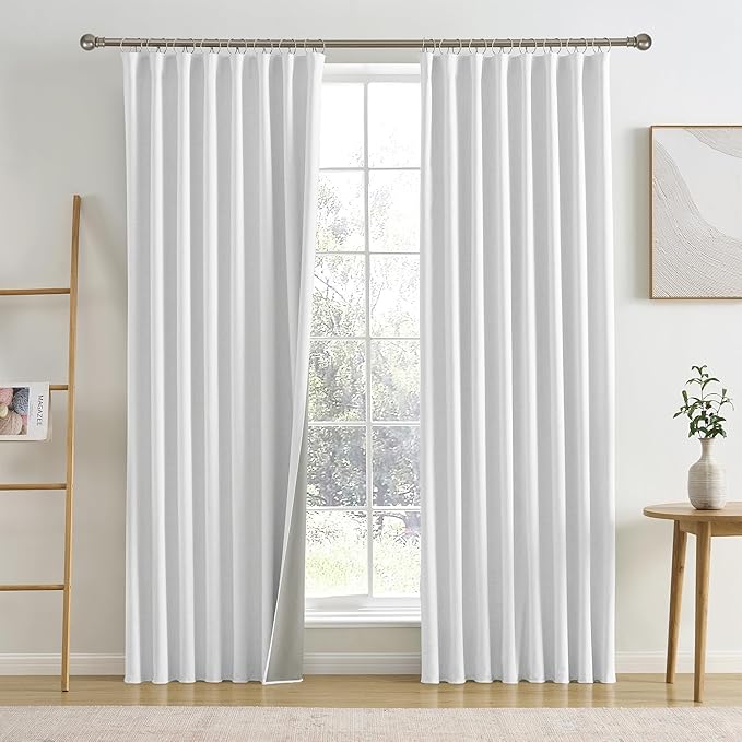 RAIN CITY Snow White Blackout Curtains 94 Inch Long Room Darkening Back Tab Linen Drapery Hook Curtains Patio Door 2 Panels 50 Wide 94 Length