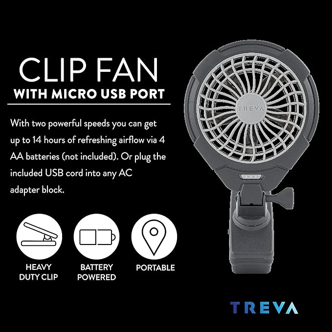 Treva 5 Inch Two Speed Battery & USB Powered Clip On Fan - Slim and Portable Cooling Travel Fan with USB - Gray