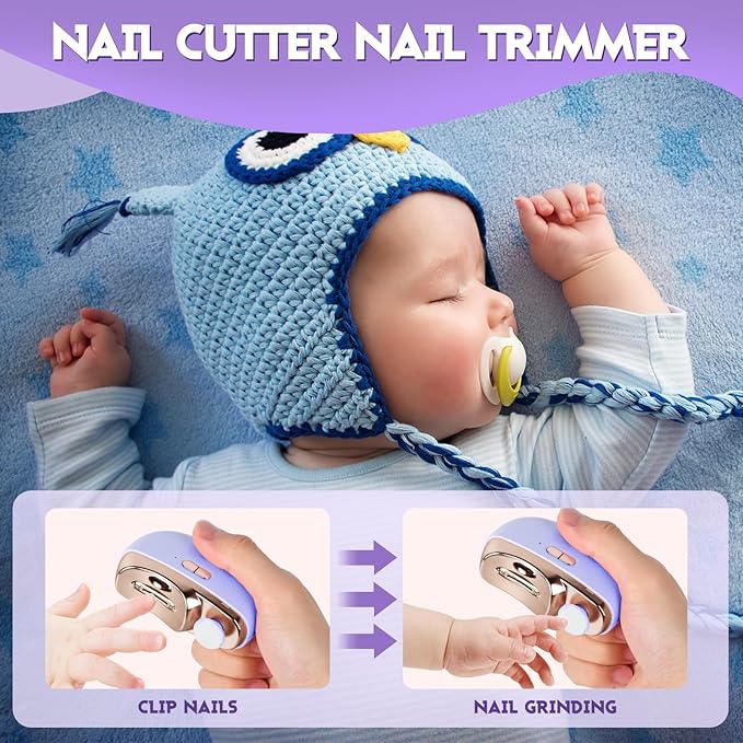 Automatic Nail Clipper Electric Nail Trimmer Polisher 3 in 1 Portable Fingernail Cutter with Light 2 Speeds File Nail Clip Storage Rechargeable Safety Trimmer for Seniors Adults Kids Baby (Purple)