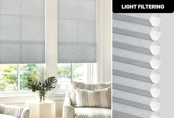LazBlinds Cordless Cellular Shades, No Tools No Drill Light Filtering Honeycomb Shades Pleated Blinds for Windows, 20'' W x 48'' H, Dark Grey