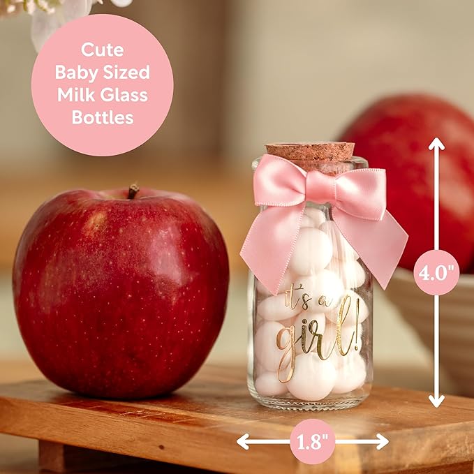 Ethisa Vintage 12 Pack It's a Girl Milk Glass Bottles with Ribbons and Stickers - Classy Baby Shower Favors for Guests and Table Centerpieces - Gender Reveal Girl Decorations - Baby Shower Candy Jar