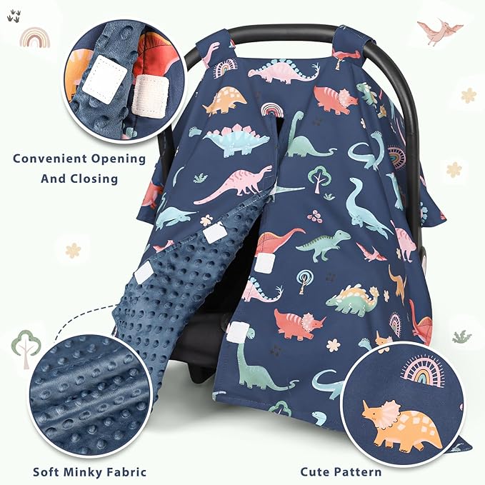 Car Seat Cover Baby, Peekaboo Opening Carseat Covers Baby Girl, Warm Minky Infant Car Seat Canopy, Multi-Use Cover Protecting Baby from Wind, Sun, Strangers, Blue Dinosaur