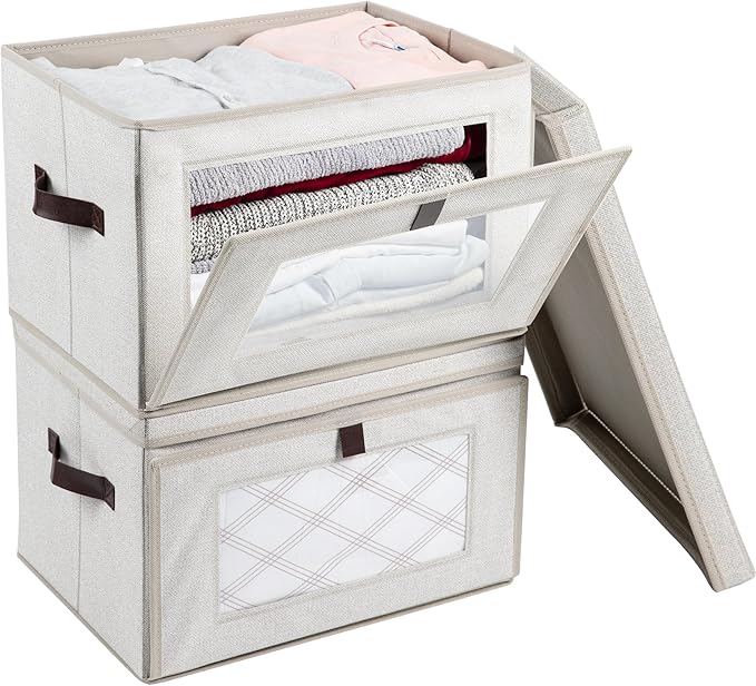 Magnetic Front Opening Fabric Storage Bins with Lids, 35L 2-Pack Beige Storage Box with Window for Closet, Shelf, Nursery, Living Room, 16.9x12.2x11.4in