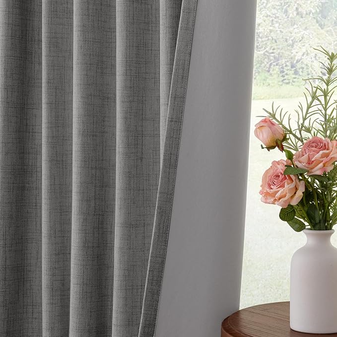 INOVADAY 100% Blackout Curtains for Bedroom, Black Out Curtains 120 Inch Long, Clip Rings Linen Blackout Drapes, Thermal Insulated Room Darkening for Living Room, 2 Panels - DarkgreyW50xL120