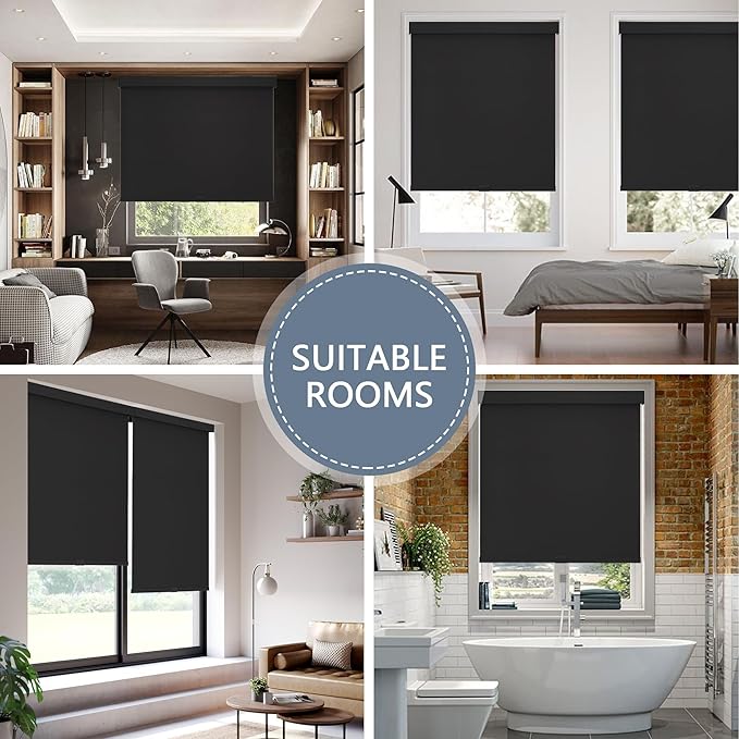 AOSKY Blackout Roller Shades Cordless Blinds for Windows, Free-Stop Shades with Valance, Thermal Insulated Fabric, UV Protection, Natural Woven Blinds for Home and Office (76" W x 72" H, Black)