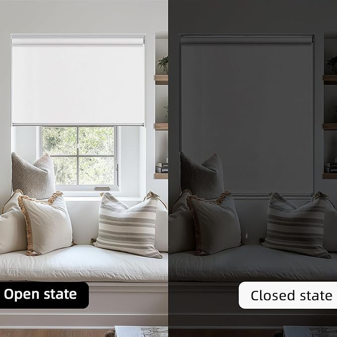 ChrisDowa Cordless 100% Blackout Roller Shade, with Striped Jacquard, Thermal Insulated, UV Protection Fabric, Total Blackout Blinds for Window, French Doors, Home and Office. White, 40" W x 72" H