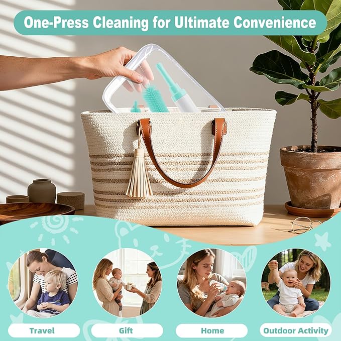 ZTX Push-to-Foam Silicone Bottle Brush Set - One-Press Rich Foam for Baby Bottles, Breast Pump Parts & Nipples - with Detachable Nipple Brush & Portable Travel Storage Bag, Blue
