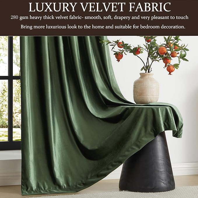 100% Full Blackout Olive Green Velvet Curtains 108 inch Long for Living Room,Set of 2 Liner Rod Pocket Back Tab Thermal Window Curtains Room Darkening Heavy Decorative Curtains Drapes for Bedroom