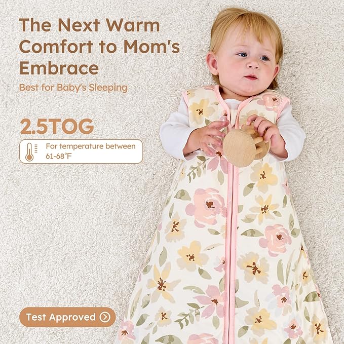 Unnivoll Baby Sleep Sack 18-24 Months TOG 2.5 Winter Baby Wearable Blanket, 100% Cotton Toddler Sleeping Sack with 2-Way Zipper Warm Soft Pink Flowers