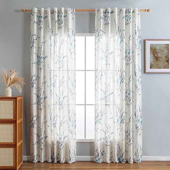 MYSKY HOME Linen Sheer Curtains 84 inches Long for Living Room Window Curtains Light Filtering Privacy Protect Farmhouse Style Decorative Texture Soft Touch for Dining Room/Cafe, Teal, 2 Pcs