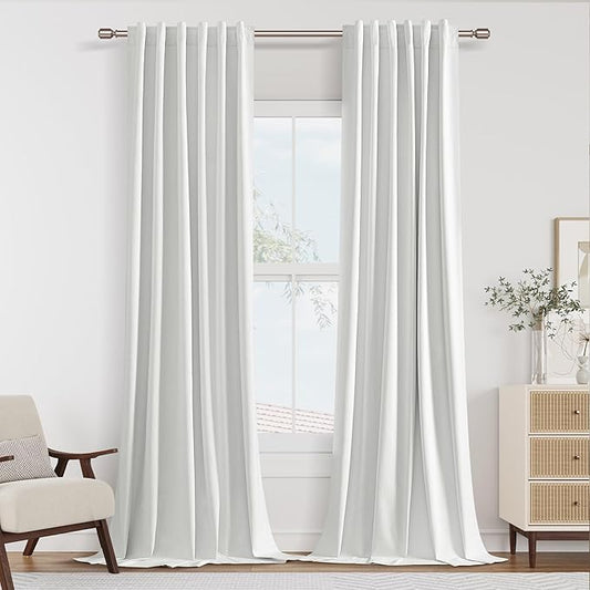 Guken White 100% Blackout Linen Curtains 42 Inch Wide by 96 Inch 2 Panels Set for Living Room Bedroom Back Tab Thermal Insulated Black Out Linen Drapes Room Darkening Window Curtains