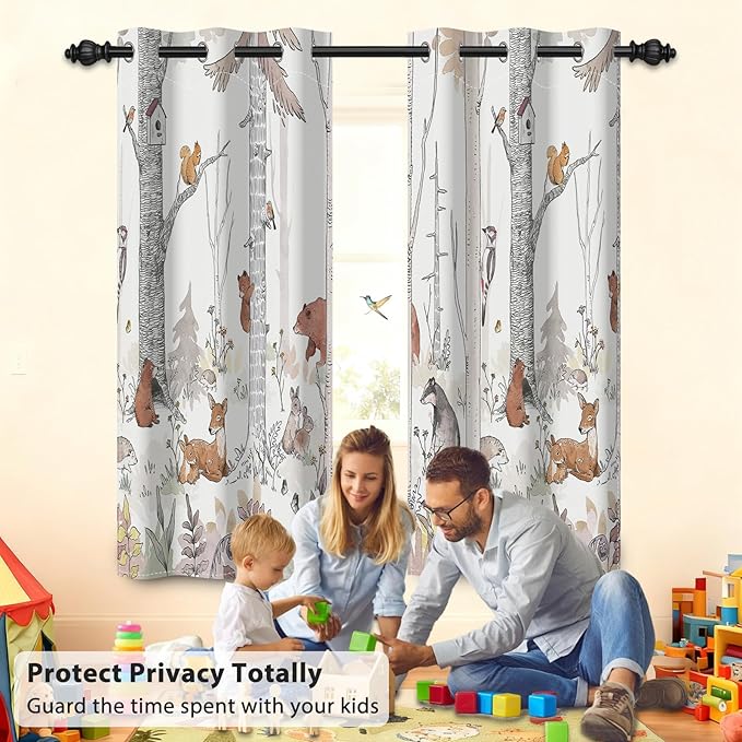 Kids Blackout Curtains for Nursery, Boy's Woodland Animal Print Curtains for Bedroom, Cartoon Room Darkening Window Drapes 2 Panels Set, White, 42W x 63L