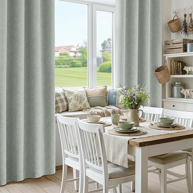 Beauoop Green Floral Jacquard Blackout Curtains 84 Inches Long 2 Panels for Living Room Bedroom Chenille Flower Room Darkening Thermal Insulated Soundproof Grommet Window Drapes, 52x84 Set of 2