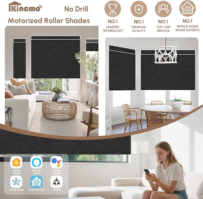 Kincmo No Drill Motorized Blinds with Remote, 100% Blackout Roller Shades for Windows, Custom Electric Blinds Compatible with Alexa, Apple Homekit, Google Home (100% Blackout Eclipse Obsidian Black)