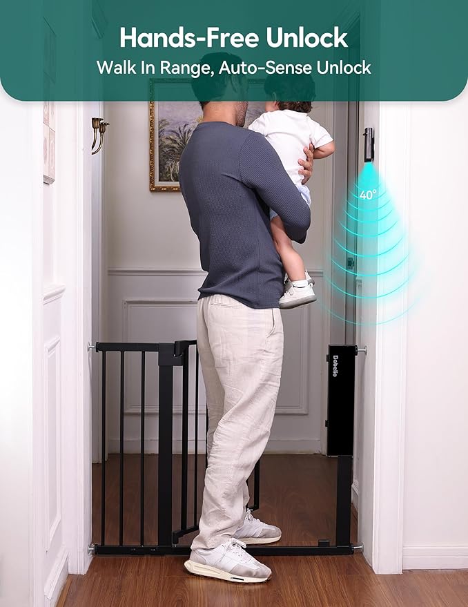 Babelio Smart Baby Gate with Auto-Unlock/Close, Pressure Mounted No Drill for Doorways/Top of Stairs. Pet/Dog Door Wide Walk Thru w/Infrared Sensor & Instant Safety Alert (Black, 26.3-37.8" W, 30" H)
