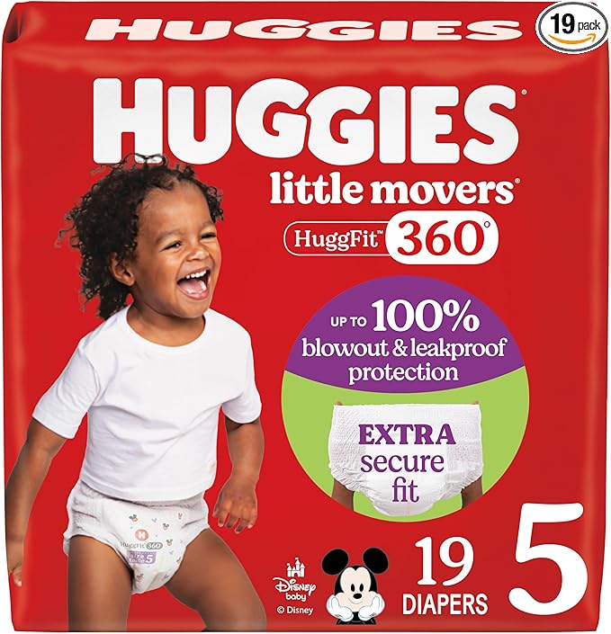 Huggies Size 5 Baby Diapers, Little Movers HuggFit 360° Baby Diapers with 360° Waistband, Size 5 (27+ lbs), 19 Count, Packaging May Vary