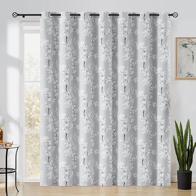 FMFUNCTEX 100% Blackout Sliding Door Curtains for Living Room, Grey Floral Print Extra 100 Wide Window Curtain Panels for Sliding Glass Door, Thermal Insulated 1 Panel Grommet (White on Grey)