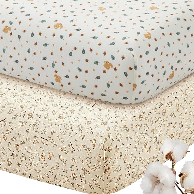 SiinvdaBZX 2 Pcs Muslin Crib Sheets Neutral, Ultra Soft Cotton Breathable Fitted Baby Crib Mattress Sheets for 52"x28" Standard Toddler Mattress (Animals + Acorn)