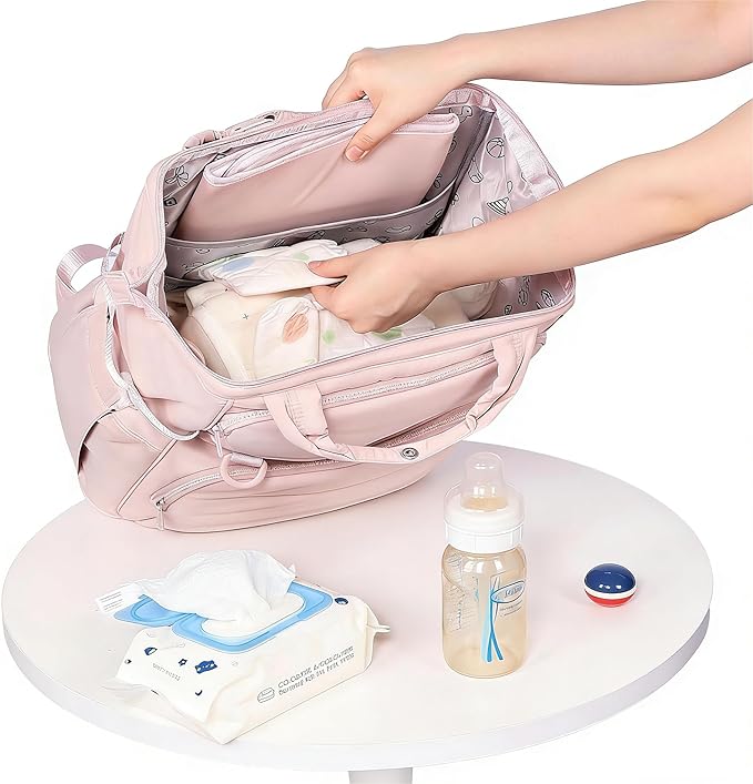 BELALIFE Baby Diaper Backpack Bag, Baby Essentials Travel Backpack for Moms Dads, with Changing Pad, Insulated Bottle Holders & Stroller Straps, Pink