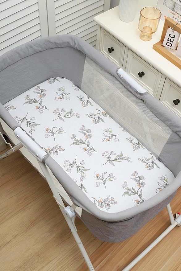 Onacosht Muslin Bassinet Sheets 3 Pack, 100% Cotton Baby Fitted Sheet 33" x 19" Compatible with Mika Micky, KoolaBaby (3 in 1), BabyBond, HARPPA and RICUTON Bedside Bassinet, Green and Botanical