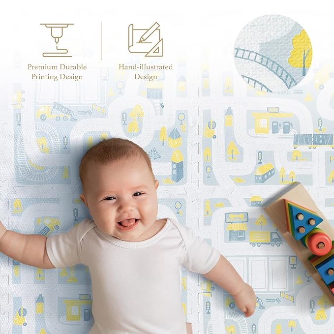 PopsyKosy Premium Baby Floor Play Mat - Thick & Cushioned 0.5 inch Playroom Foam Mat, Non-Toxic Odorless - 6 Tiles - Spacious 6x4 ft. - Stylish, Large, Waterproof for Kids & Toddlers -Pastel Blue Gray