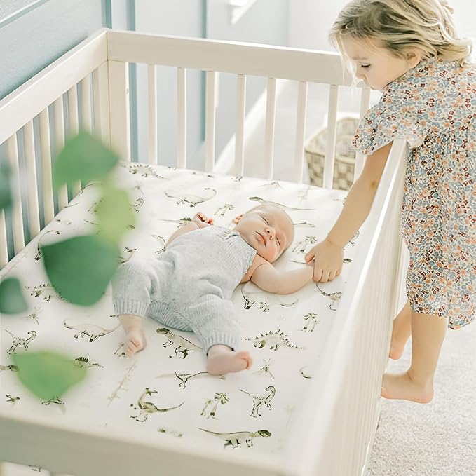 GRSSDER Stretch Ultra Soft Jersey Knit Fitted Crib Sheets Set 2 Pack，Fit All Standard Crib Mattress Pads Safe and Snug, Crib Fitted Sheet for Baby, Dinosaur