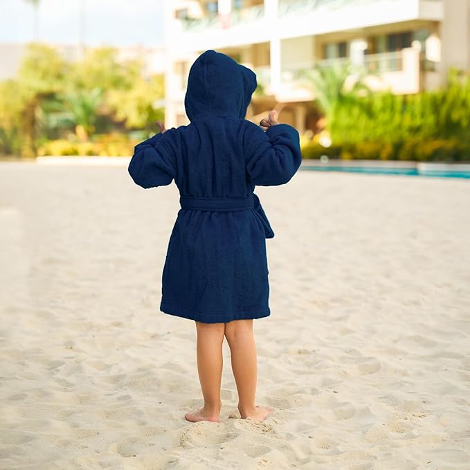 BAGNO MILANO Kids Organic Turkish Cotton Hooded Beach Cover-Up Towel, GOTS Certified, for Boys and Girls (Navy, 9-11 Years)