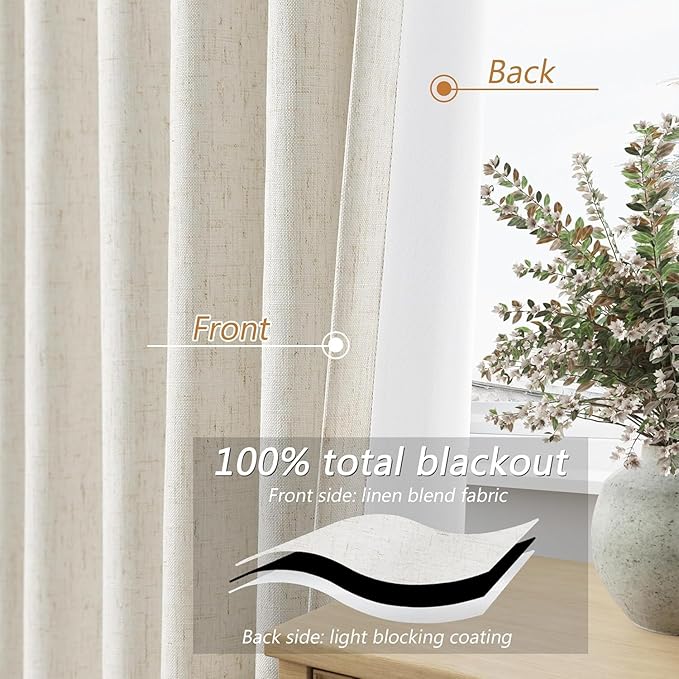 Guken Cream 100% Blackout Linen Curtains 100 Inch Wide by 108 Inch for Living Room Bedroom Back Tab Thermal Insulated Black Out 1 Drapes Room Darkening Window Curtains,1 Panel