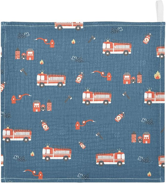 vvfelixl Baby Muslin Washcloths, Firefighters Pattern Baby Burp Cloths, Cotton Baby Face Towel for Newborn Infants Boys Girls Soft and Absorbent 11.8 X 11.8 in, 3 Pack Blue