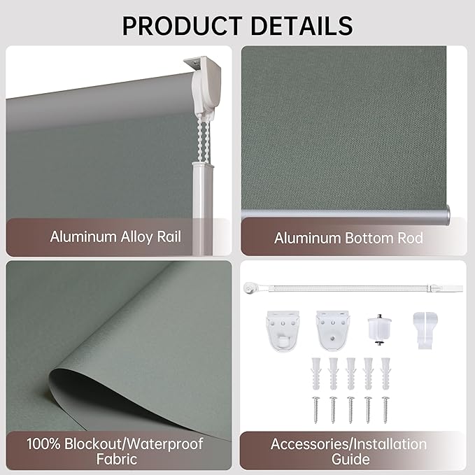 Allbright 100% Blackout Cordless Roller Shades for Windows, Thermal Insulated UV Protection, Window Roller Blinds for Home, Office, Bedroom, Door, 19" W x 64" H, Dark Grey