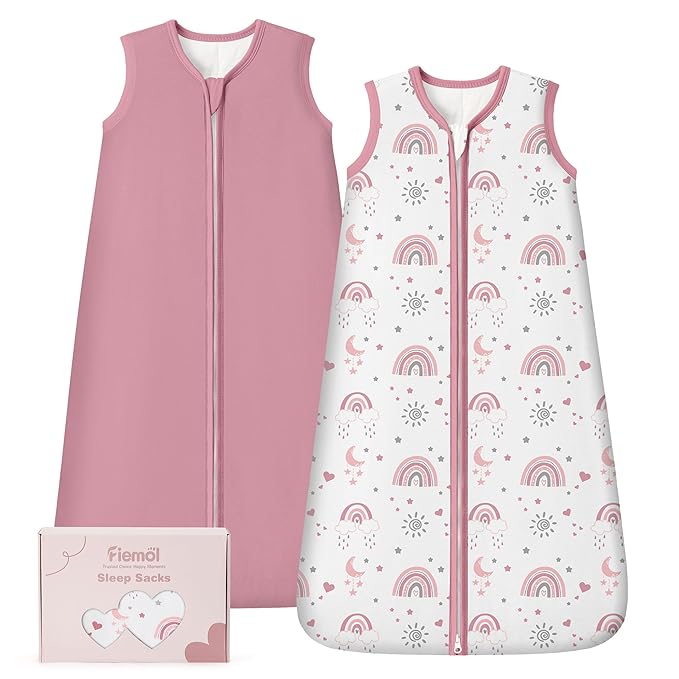 FIEMOL Rayon Made from Bamboo Baby Sleep Sack 6-12 Months, 1.0 Tog Baby Wearable Blanket, Soft Sleeping Bag for Newborn Infant Babies with 2-Way Zipper 2 Pack (Medium) Pink Rainbow
