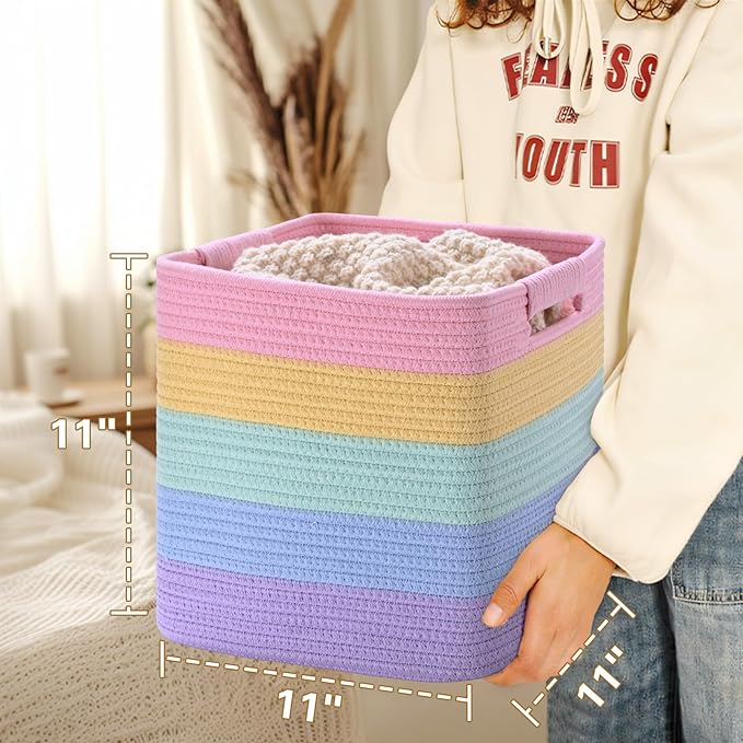 11 Inch Storage Cubes, 3 Pack Cube Storage Bins for Organizing, Cotton Rope Woven Baskets for Shelves, Bathroom, Kids Room, Closets, Baby Nursery