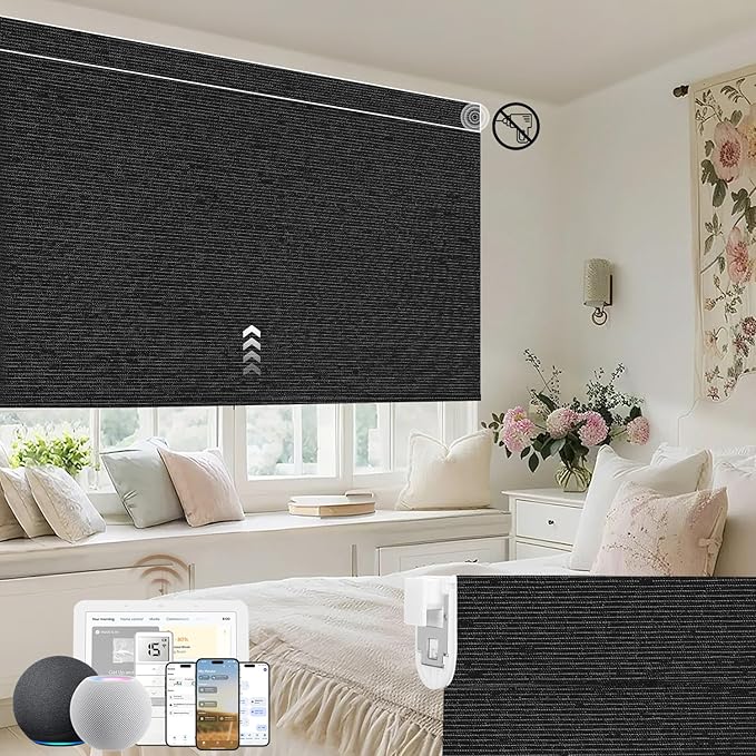 Kincmo No Drill Motorized Blinds with Remote, 100% Blackout Roller Shades for Windows, Custom Electric Blinds Compatible with Alexa, Apple Homekit, Google Home (100% Blackout Eclipse Obsidian Black)