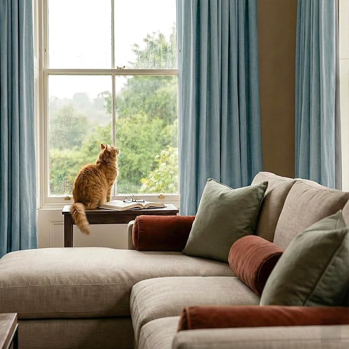NICETOWN Skylark Blue Thick Linen Blend 100% Blackout Curtains with Grey Liners, Rod Pocket Back Tab Thermal Insulated Flax Textured Full Blackout Window Drapes for Kitchen (2 Panels, 42" W by 63" L)