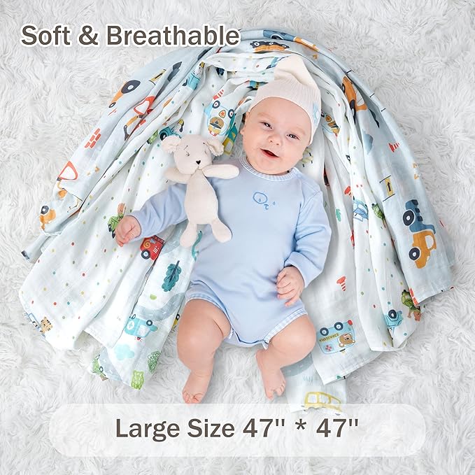 2-Pack 100% Cotton Muslin Swaddle Blankets, Large 47 x 47 Inches — Breathable Soft Receiving Blankets for Newborns, Swaddling Wraps, Baby Essentials, Registry Gift (Worksite Vehicle Set)