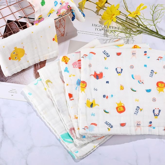 Tatuo 10 Pack Muslin Baby Burp Cloth Soft Washcloths 20'' x 10'' 6 Layer Soft Absorbent Newborn Rags Towel for Baby Shower Boys Girls Machine Washable for Sensitive Skin(Animal Pattern)