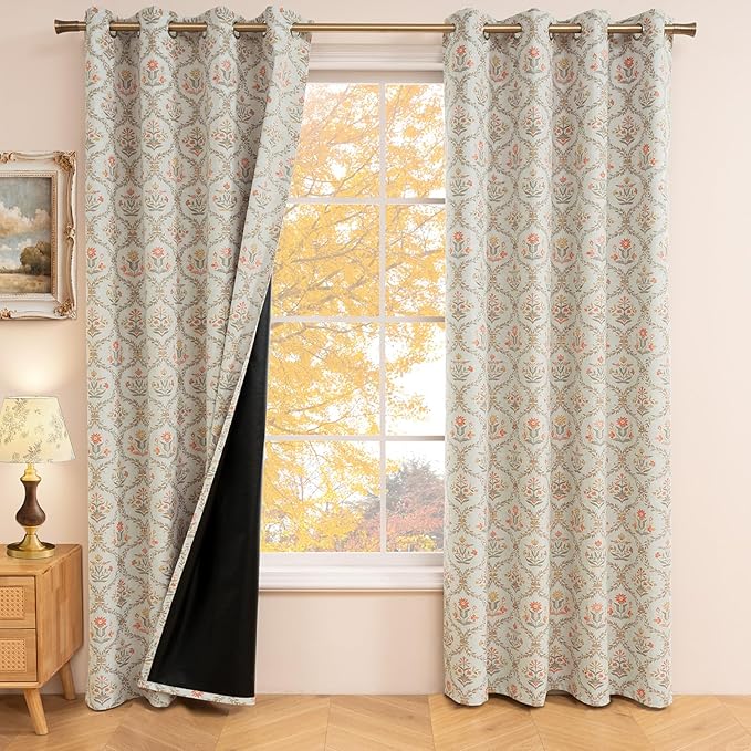 ColorBird 100% Blackout Spring Red Floral Block Print Thermal Curtains 84 Inches Curtains & Drapes Light Brown Patterned Farmhouse Vintage for Bedroom Living Dining Room