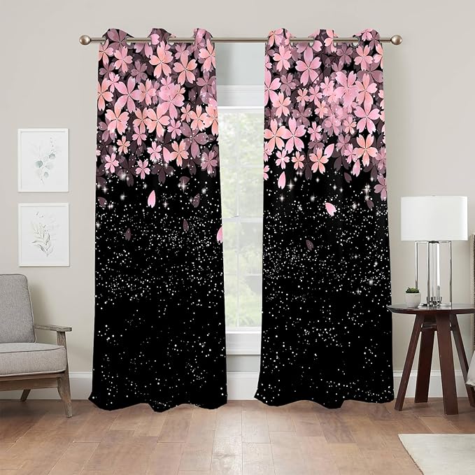 Renaiss Pink Cherry Patels Blackout Curtains, Japanese Cherry Flowers Thermal Insulated Bedroom Window Curtains, Black Floral Bossom Window Drapes for Living Room, 63" L x 53" W 2 Panel Set