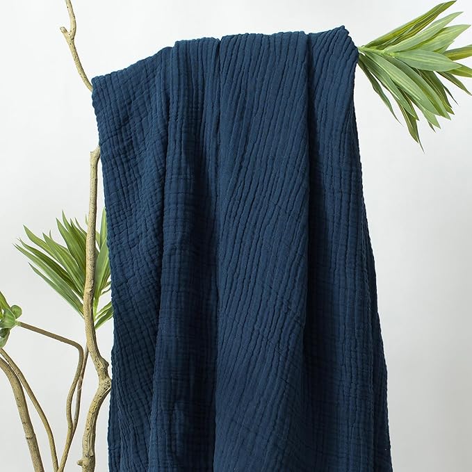Carriediosa 100% Cotton Muslin Throw Blanket 70" X 80" Twin Size，4-Layers Summer Gauze Throws for Bed Couch，Soft Lightweight Breathable Linen Blankets Bedspread for Adults All Season，Navy Blue