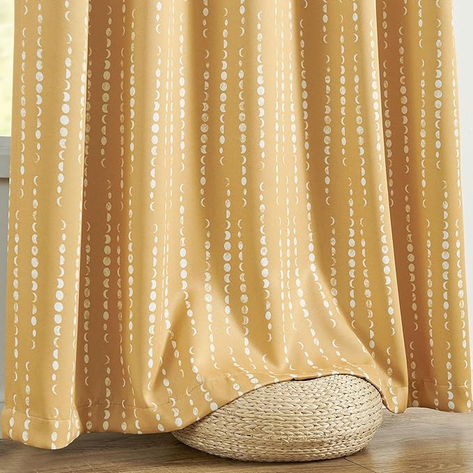 jinchan 95% Blackout Boho Curtains 96 Inches Long Mustard Moon Phases Printed Drapes Rod Pocket Thermal Insulated Curtains for Bedroom Nursery Yellow Window Drapes Curtain Set 2 Panels