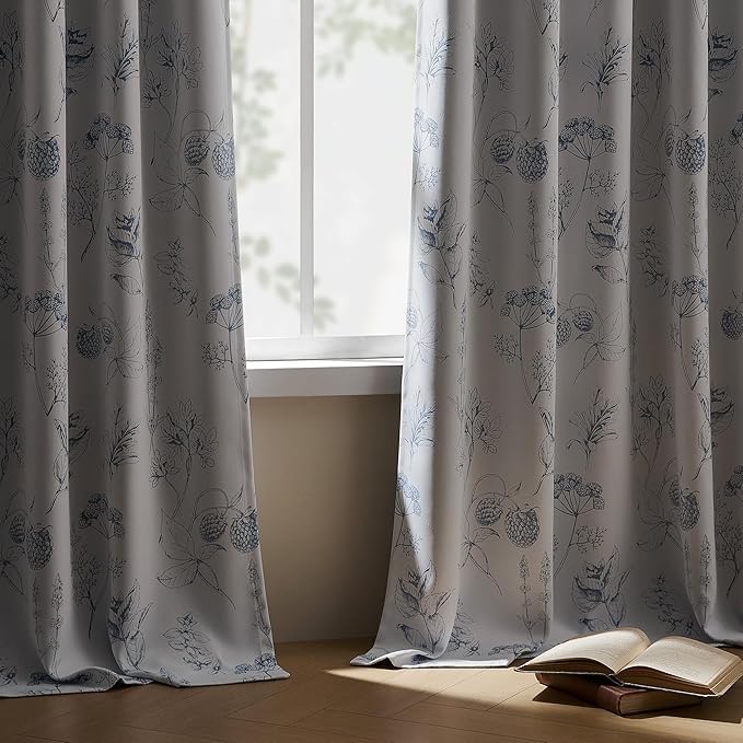 FMFUNCTEX 100% Blackout Floral Curtains 96 Inches Long for Bedroom, Blue and White Floral Drapes for Living Room, Farmhouse Rod Pocket Back Tab Room Darkening Thermal Insulated Window Drapes 2 Panels