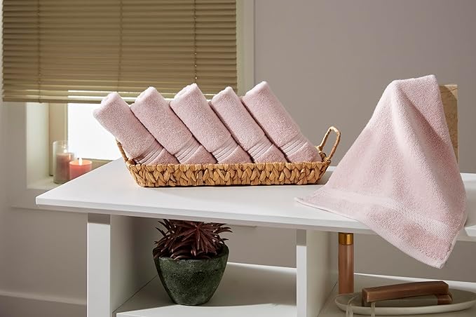 Ozdilek 6-Piece Washcloth Set 13x13 100% Turkish Cotton, 600 GSM, Soft, Gentle on Sensitive Skin, Multi-Purpose Use, Washable, Reusable, Ideal for Baby Care & Spa 6 Towels (Mauve Pink)