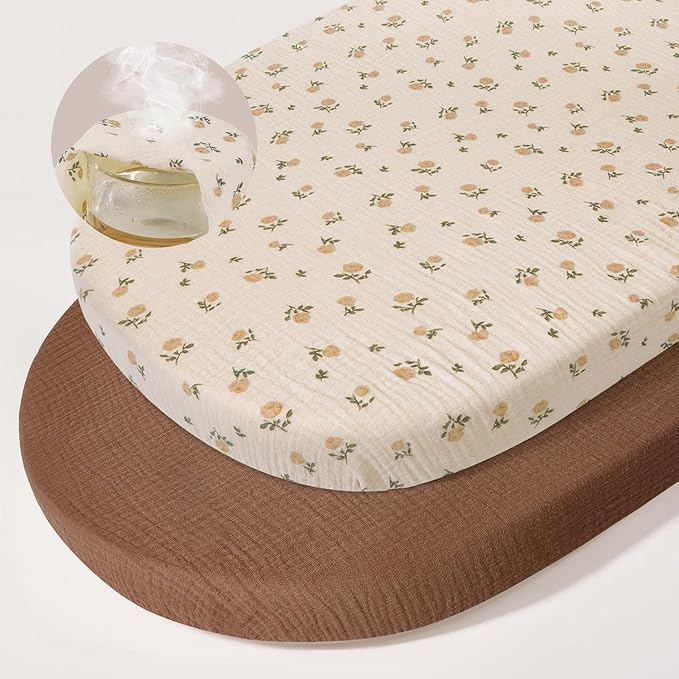 Basumee Muslin Bassinet Sheets for Baby Girl Boy 2 Pack Soft Breathable Baby Bedside Bassinet Fitted Sheets with Bottom Elastic Band 33''x17''x4'' Mattress Cover for Rectangle Oval Hourglass Bassinets
